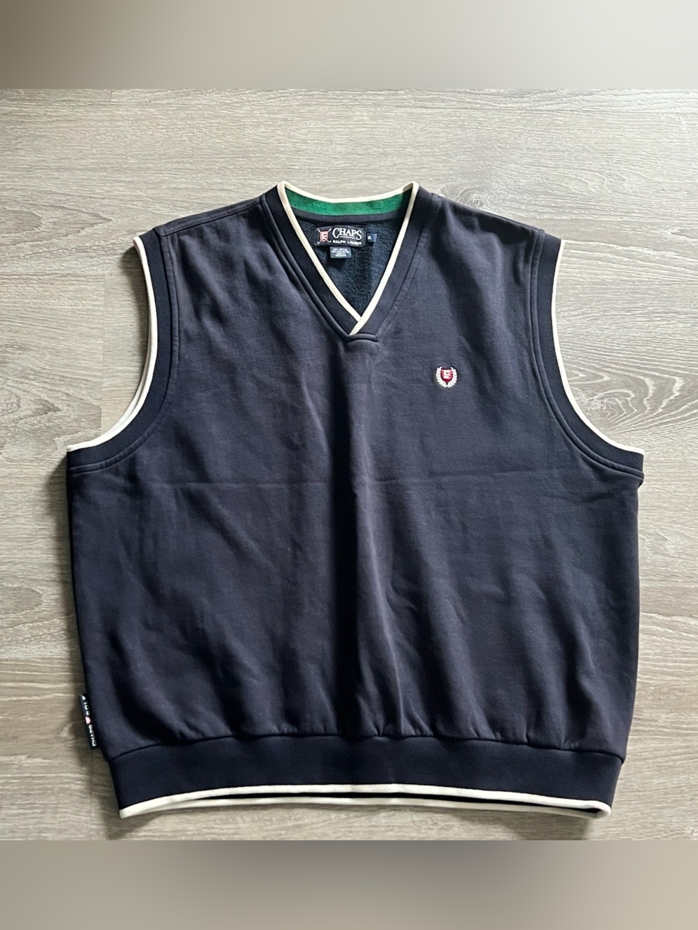 Chaps Ralph Lauren Navy V-Neck Sleeveless Sweater Vest with Cream Trim size XL